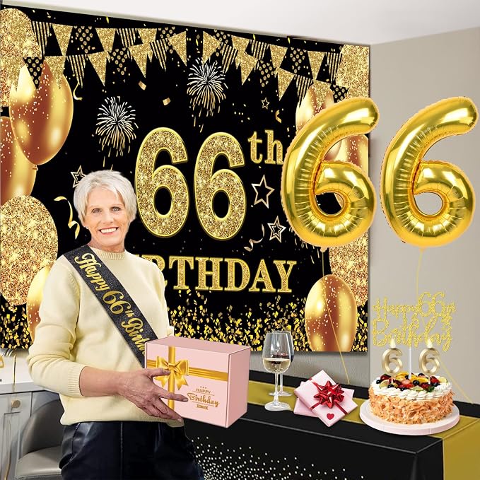 66th Birthday Decorations Men Women with 66th Birthday Banner, Black and Gold Table Cloth, Number Balloons, Sash, Cake Topper and Candles