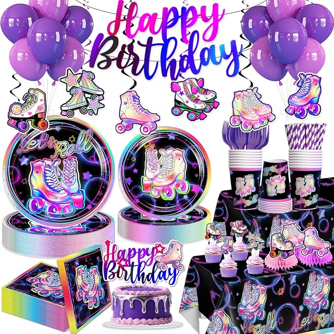353pcs Roller Skating Party Supplies Tableware Set-Service 50, All-in-one Roller Skate Party Decorations Include 350gsm Plates Banner Napkins Cups Tablecloth Centerpiece Balloons