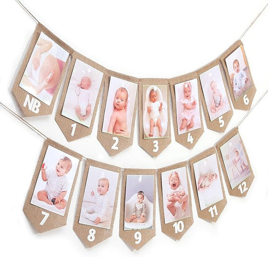 1st Birthday Burlap Photo Banner - First Birthday Photo Decoration,Burlap Newborn To 12 Months Birthday Party Decor Monthly Milestone Decor (brown)