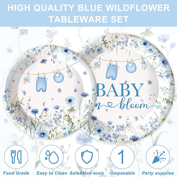 120PCS Boy Baby Shower Party Supplies Baby in Bloom Party Decorations Spring Wild Flower Pregnancy Announcement Tableware Set Dessert Plates Napkins Cups Set for 20 Guests