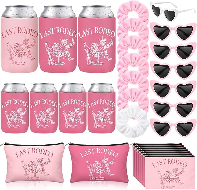 Sawysine 28 Pcs/7 Set Last Rodeo Pink Bachelorette Party Supplies for Nashville Western Cowgirl Bachelorette Bridal Shower Party Decor Bridesmaid Favors with Can Sleeve Makeup Bag Scrunchie Sunglass