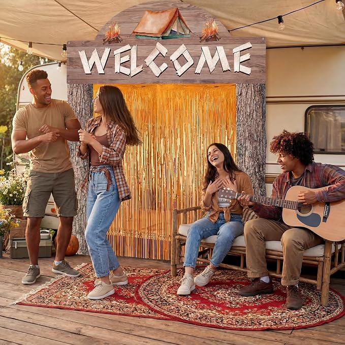 Peryiter 5 Pcs Camping Party Decorations Set, Camp Welcome Arch Banners, Orange Foil Fringe Curtains, Double-sided Tape for Campfire Theme Birthday, Photo Booth & Entrance Backdrop Birthday Decoration