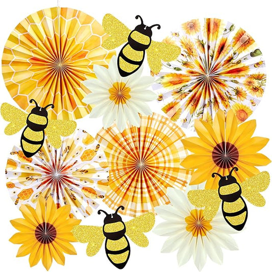 SUNBEAUTY Sunflower Party Decorations Sunflower Birthday Paper Fan Decorations with Bees Yellow White Sun Flower Wall Hanging for Baby Shower Summer Garden Party Classroom Bulletin Board Decoration