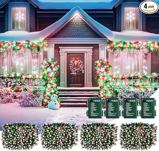 Brightown Christmas Lights Outdoor Battery Operated, 4 Pack Total 132FT 400 LED Battery Fairy Lights with Timer,8 Mode,Waterproof Christmas String Lights for Indoor Bedroom, Red Green & White