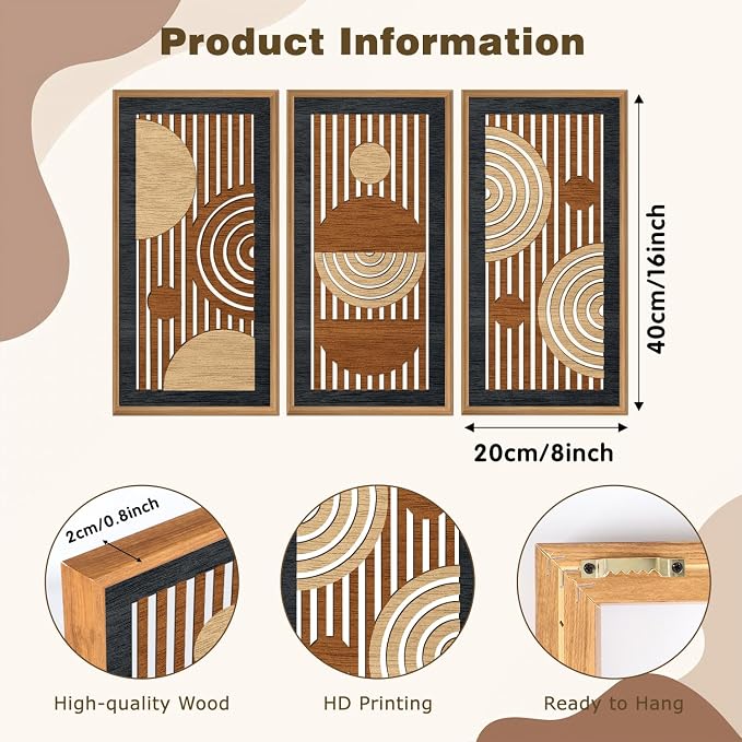 IARTTOP 3Pcs Mid Century Modern Wall Decor Framed Geometric Wood Wall Art Set Minimalist Abstract Line Panel Hanging Decor for Living Room Bedroom Office 8 x 16 Inch