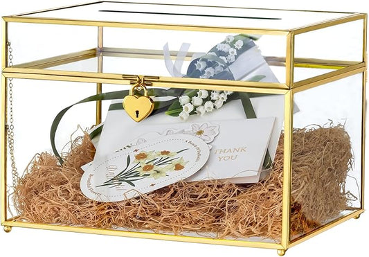 NCYP Large Glass Cards Box with Slot and Lock for Wedding Keepsake, Envelope, 12 x 9.4 x 8.4 Inch - Birthdays Party Reception, Tabletop Decor, Gold (Glass Box Only)