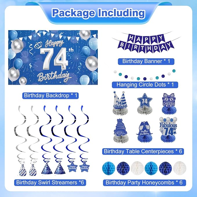 Happy Birthday Party Decoration Set: Including Birthday Banner Backdrop, Party Table Centerpieces and Hanging Swirl Party Streamers, Birthday Decor Suppliers for Men and Women (Blue, 74th Birthday)