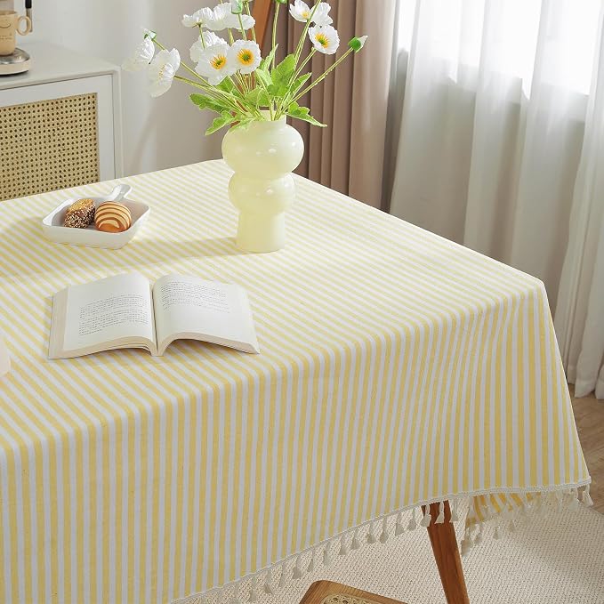 meioro Striped Tablecloth Rectangle Tablecloths Cotton Blend Table Cloth Washable Tabletop Decorative Fabric Table Cover for Kitchen Dinning (Yellow, 55 x 55 Inch)