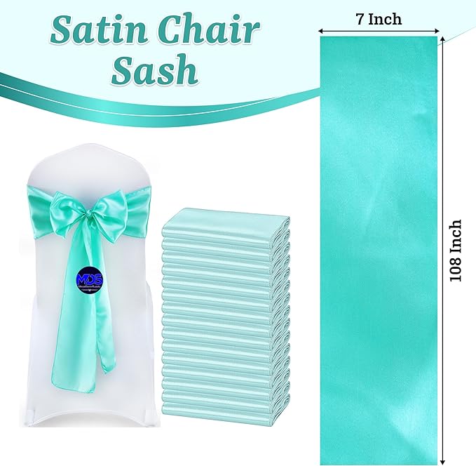 MDS Satin Chair Sashes, 50 Pack, 7”x108” Each, Decorative Chair Bows Ribbon Tie Backs for Wedding Party, Holiday Dinner, Birthday, Reception, Banquet, Hotel & Event Decoration - Sea Green