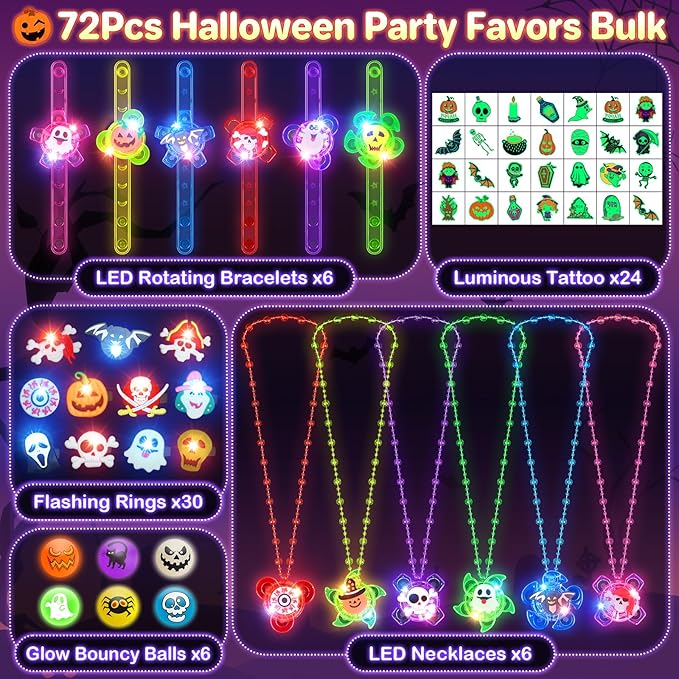 Halloween Party Favors for Kids,72 PCS Halloween Glow in the Dark Toys Bulk with Spin Necklace,Light Up Rings,Spin Bracelets,Halloween Goodie Bag Fillers Basket Stuffers Gift for Kids Trick or Treats