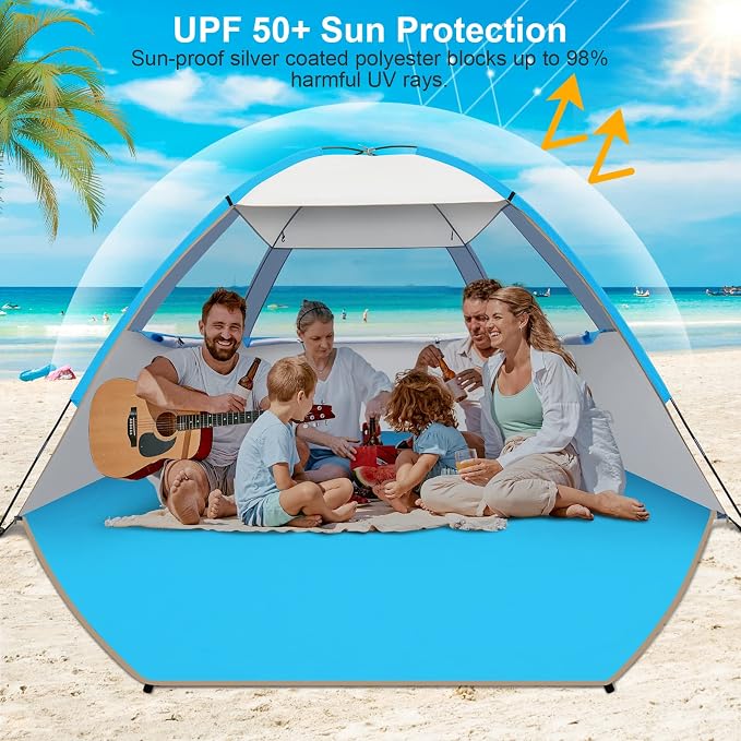 Gorich Beach Tent Sun Shelter for 3/4/6/8/10 Person with UPF 50＋ UV Protection, Lightweight & Easy Setup Beach Shade Canopy, Portable Beach Shade Tent Beach Cabana