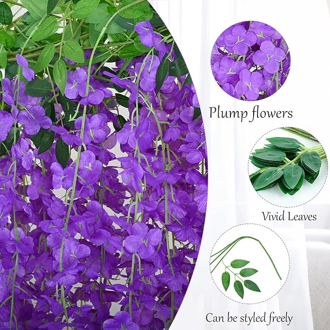 25 Pack Purple Artificial Wisteria Hanging Flowers,Fake Hanging Wisteria Garland for Decoration (3.6 Ft/Pcs)