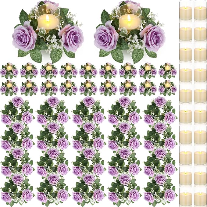 Yunlly 20 Pcs Rose Candle Rings with Flameless Candles Sets, Artificial Flower Eucalyptus Wedding Centerpiece 3 Inch Pillar Candleholders Wreaths for Wedding Party Mother's Day (Purple)