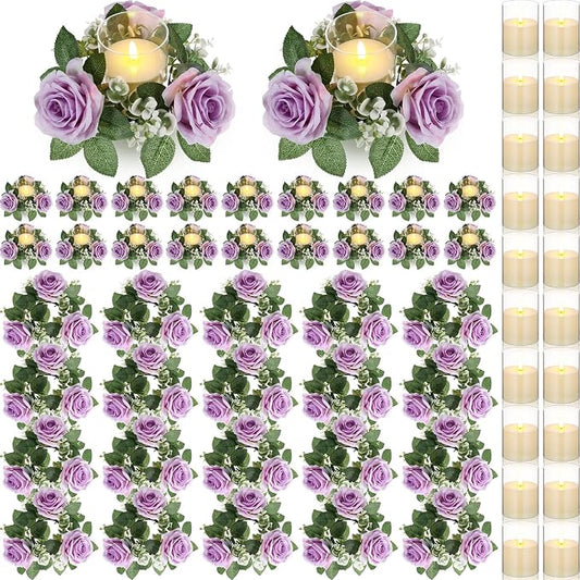 Yunlly 20 Pcs Rose Candle Rings with Flameless Candles Sets, Artificial Flower Eucalyptus Wedding Centerpiece 3 Inch Pillar Candleholders Wreaths for Wedding Party Mother's Day (Purple)