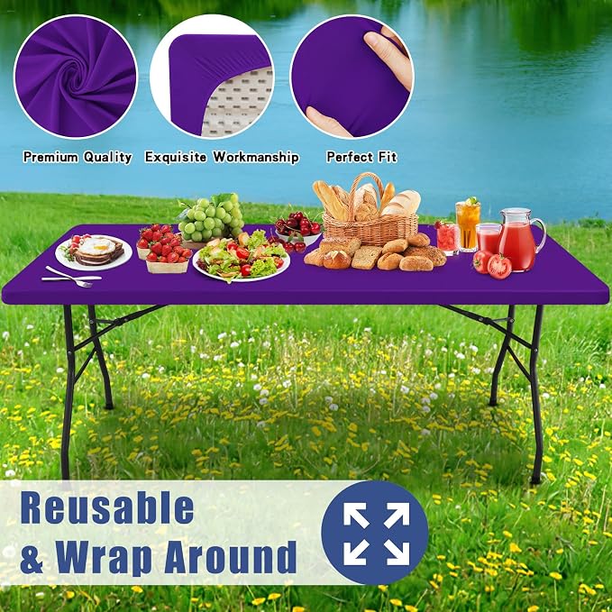 Moosfor Spandex 5 Foot Rectangle Table Cloth 4 Pack, Elastic Fitted Tablecloths for Picnic, Stretch Washable Patio Table Cover for Outdoor, Camping, Banquet and Parties (Purple, 30"x60")