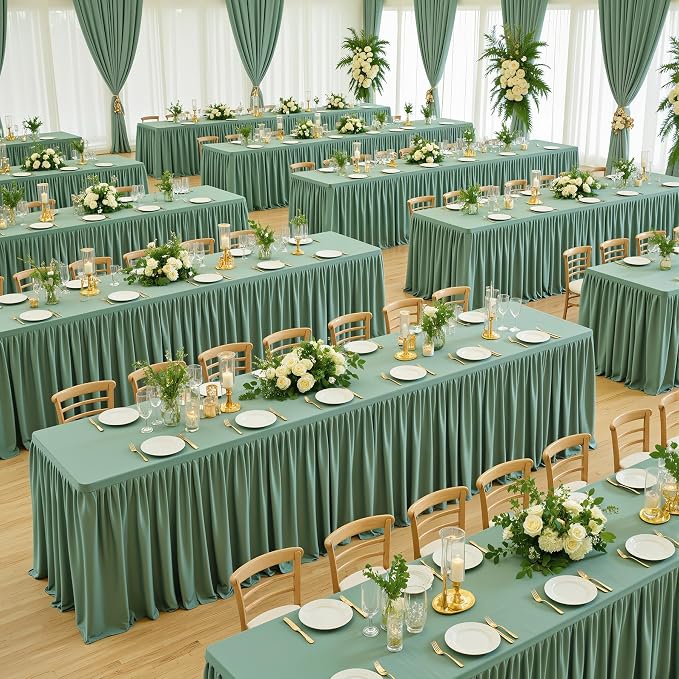 PARTISKY 6 Pack Sage Green Tablecloths for Rectangle Tables 6ft, Wrinkle Resistant Spandex Table Cover Fitted Stretch Table Cloth with Pleated Ruffle Skirts for Party Banquet Dining Birthday Wedding