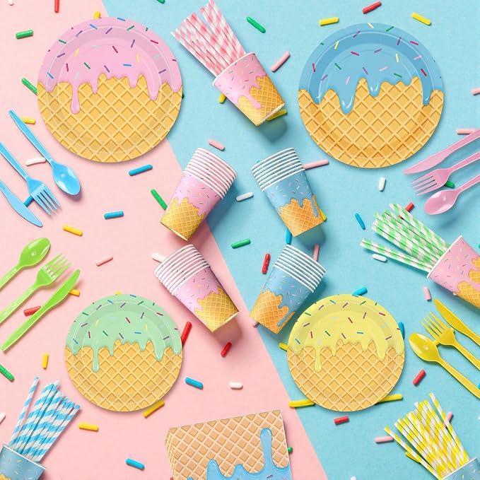 450 Pcs Ice Cream Tableware Set Decorations Summer Ice Cream Cone Paper Plates Napkins Cups Cutlery Straws for Sweet One Birthday Baby Shower Party Supplies, Serves 50