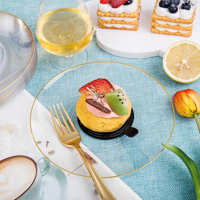 Nervure 100Pieces Clear and Gold Rim Plastic Plates - 7.5inch Disposabl Salad Dessert Plate - Clear and Gold Party Plates Ideal for Wedding & Party