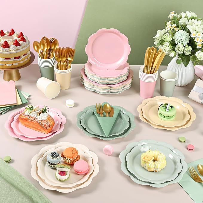350 Pcs Sage and Pink Paper Plates and Napkins Party Supplies - Pink and Green Birthday Decoration Include Dusty Pink Sage Green Scalloped Plate Napkin Cup & Cutlery for Baby Shower, Wedding, Birthday
