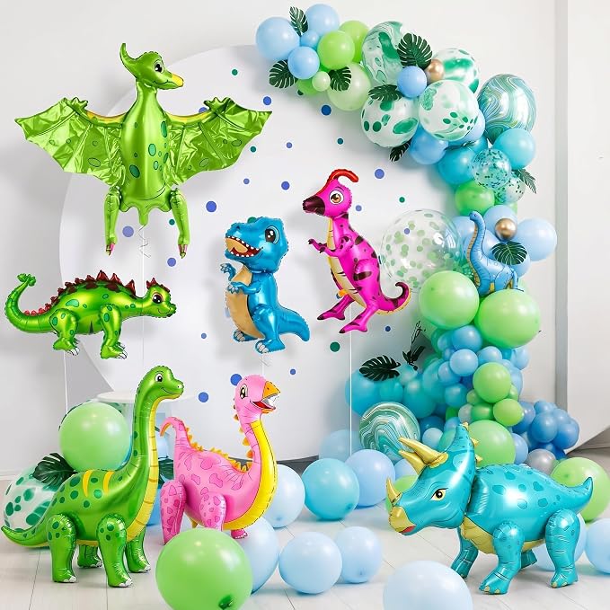 Foilswirl 10 Pcs Giant 3D Dinosaur Balloons for Birthday Party Decorations (20-35") Cute Self-standing Dino Balloons Inflatable Foil Balloon for Jungle Theme, Jurassic Theme, Baby Shower Supplies