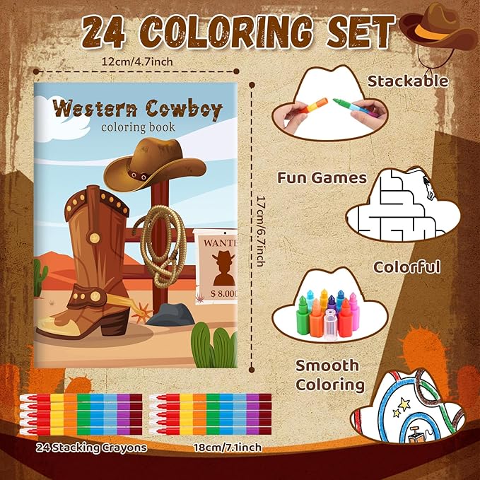 BenLouis 24 Western Cowboy Mini Coloring Books Kids With 24 Stacking Crayons Wild West Party Favors Activity Books Bulk for Kids Yee Haw Rodeo Goodie Bag Gift Stuffer Classroom Reward