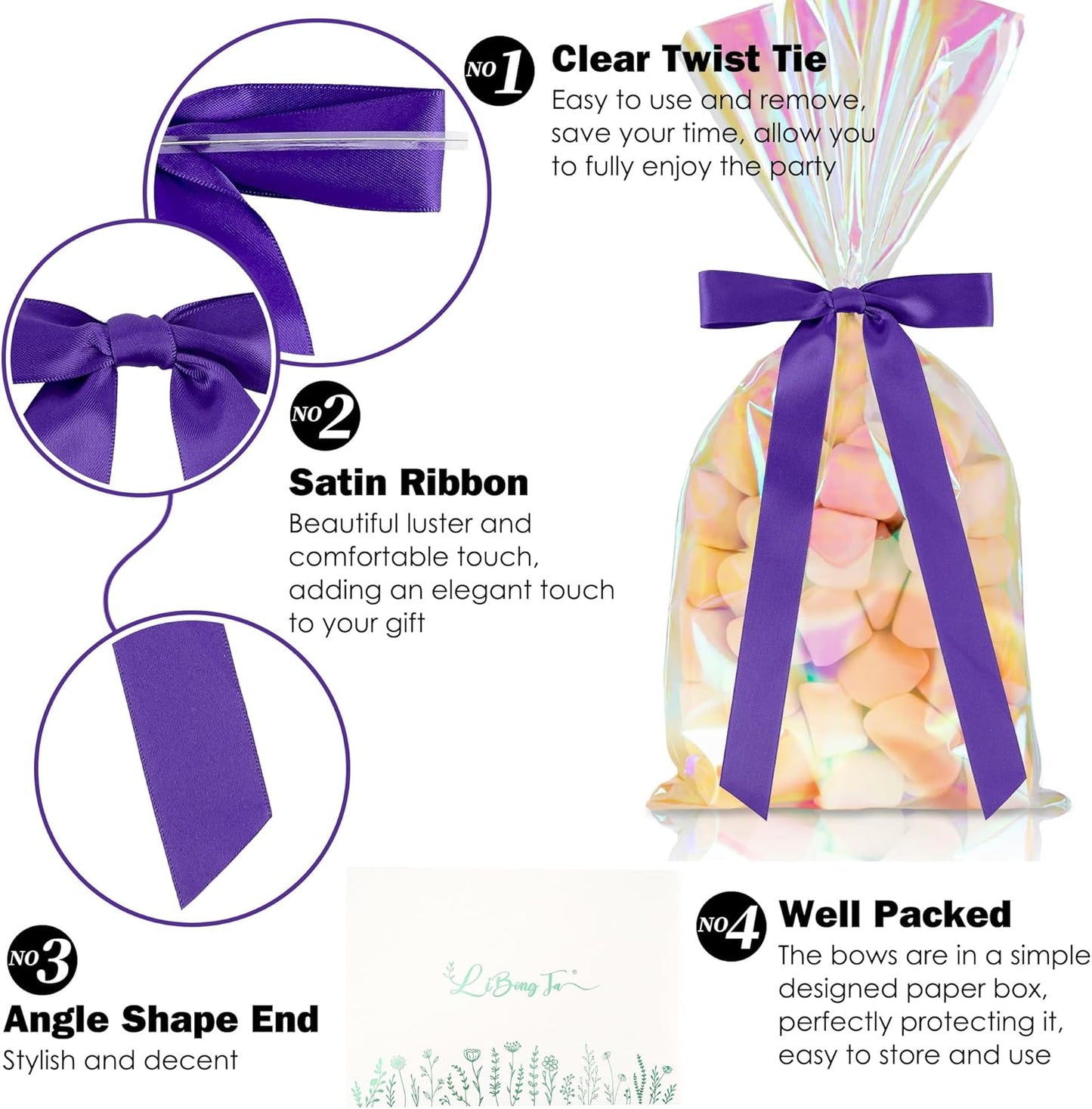 50 PCs Purple Bow Decor 5.5'' Satin Bows with Long Tail, Twist Tie Bows for Craft, Packaging Ribbon Bows, Premade Bows for Cake Decorating, Gift Bows for Treat, Wedding Favor, Party