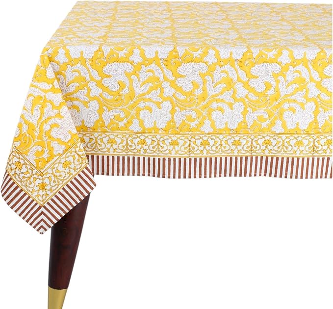Ridhi Saffron Yellow Hand Block Print Cotton Rectangle Tablecloth 118" x 70" inches Reusable Table Cover Decorative Everyday Use for Dining Room, Farmhouse, Home Gift for Spring, Mother's Day