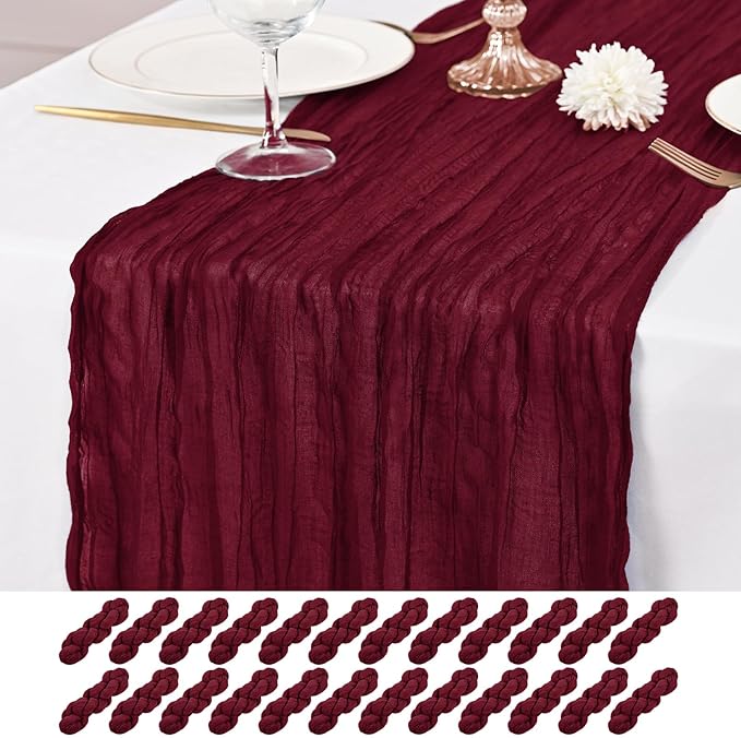 24 Pack Burgundy Table Runner 10Ft Cheesecloth Table Runner Rustic Gauze Table Runners Romantic Long Sheer Fabric Cheese Cloth Table Runners for Wedding Party Bridal Baby Shower