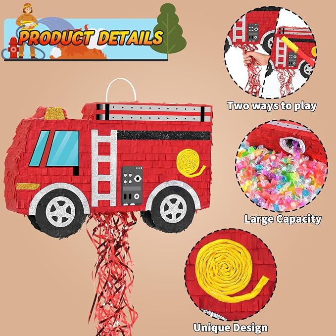 WERNNSAI Fire Truck Piñata - Firetruck Birthday Decorations Piñata for Boys Kids Firefighter Truck Theme Birthday Party Game Decorations Bundle with Blindfold and Bat