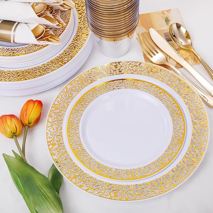 WELLIFE 175Pcs Gold Dinnerware Sets, Include:25 Dinner Plates, 25 Dessert Plates, 25 Paper Napkins, 25 Cups, 25 Plastic Cutlery Set