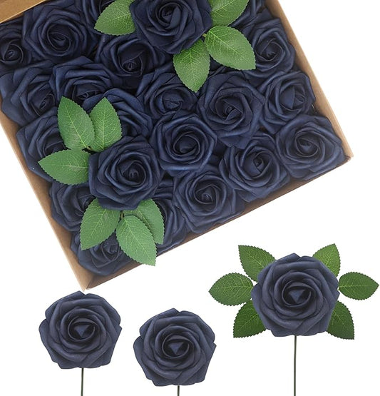 JOYLEX 50Pcs Navy Blue Artificial Flowers Realistic Roses, Real Looking Fake Roses with Stem for DIY Wedding Bouquets Centerpieces Bridal Shower Party Home Romantic Decorations (Navy Blue, 50pcs)