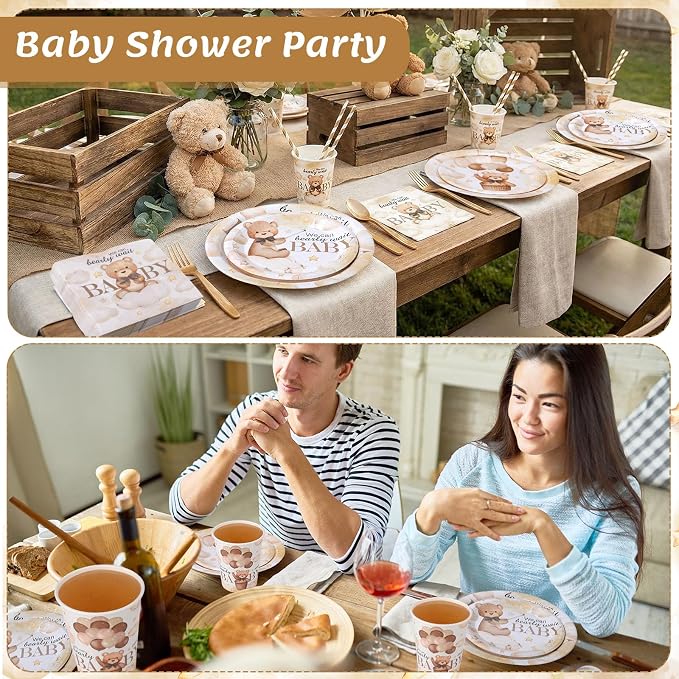 450 Pcs Brown Bear Baby Shower Tableware Set Decorations We Can Bearly Wait Paper Plates Napkins Cups Cutlery Straws for Boho Gender Neutral Reveal Birthday Party Supplies, Serves 50