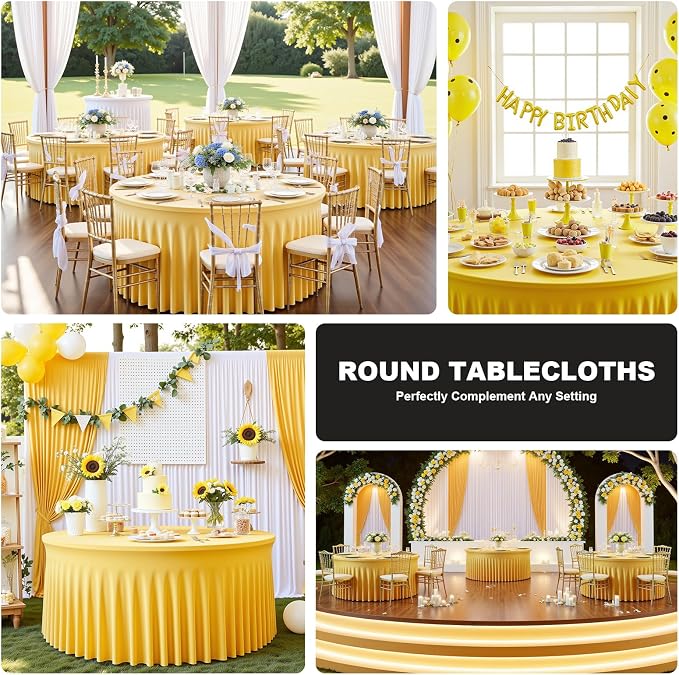4 Pack Yellow 60 inch Round Spandex Tablecloth,Wrinkle-Free Stretchy Fitted 5FT Round Tables,Elastic Edge with Skirt,Washable Tablecloths for Wedding Banquet Party Birthday Buffet