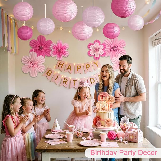 Pink Party Decorations, 18Pcs Hot Pink Paper Lanterns & Flower Fans Set | 8"-14" layered hanging decor for girls birthdays, bridal showers, baby showers, weddings, and girls night parties