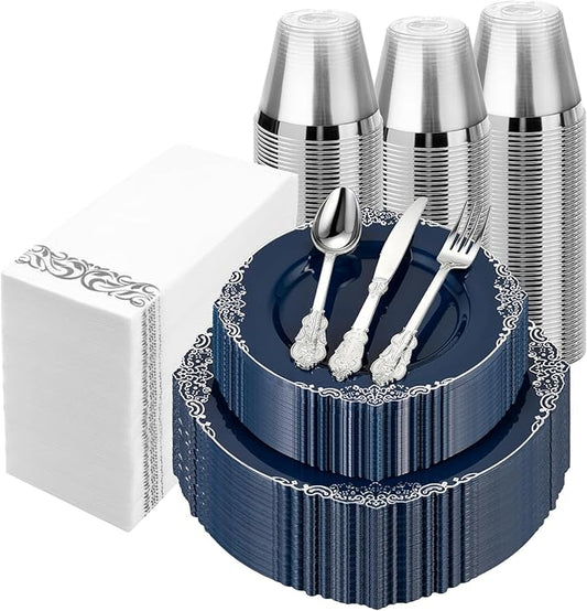 Bestluck 350PCS Navy Blue Plastic Plates for 50 Guests, Disposable Plates with Silver Trim include 50 Dinner and Dessert Plates, 150 Gold Silverware, 50 Cups, 50 Napkins for Party, Wedding