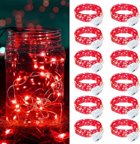 12 Pack Red Fairy Lights Battery Operated, 7ft 20 LED Mini String Twinkle Lights for Valentine's Day Easter Christmas Halloween Mason Jars Centerpiece Table Decorations (12, Red)