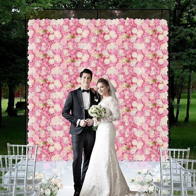 3D Flower Wall Backdrop - 12Pcs 15×15 Inch Artificial Rose Panels Pink & White Silk Floral Decor for Home Party Wedding Anniversary Birthday Photographic Studio Background & Decorative Fences
