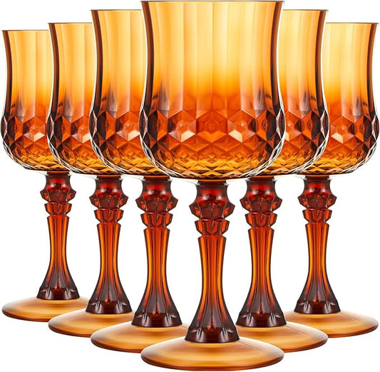 Pinkunn 6 Pcs 7 oz Plastic Vintage Wine Glasses Reusable Colored Goblets Patterned Drinking Water Glasses Cup Dishwasher Safe for Mother's Day Wedding Reception Party Supplies (Amber)