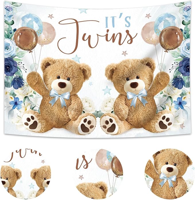 Twin Bear Boys Baby Shower Backdrop 7Wx5H Feet It's Twins Boy Navy Blue Floral Brown Balloon Newborn Polyester Fabric Cute Lovely Photography Backgrounds Photo Shoot Decor Props Decoration