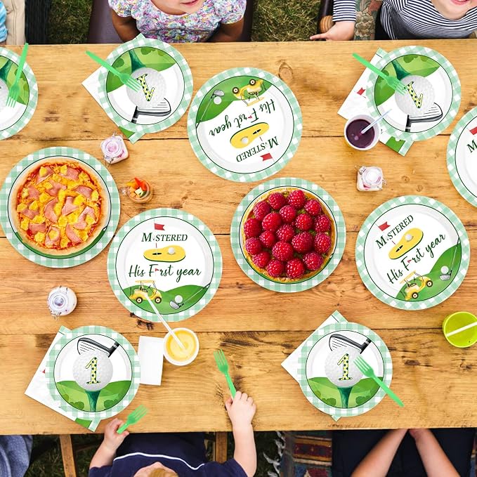 96 Pcs Golf Party Decorations for His First Year Golf Birthday Plates and Napkins Disposable Let’s Par-Tee Tableware Set for Boys Girls 1st Hole in One Birthday Baby Shower Party Supplies Serves 24