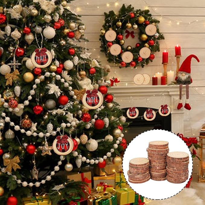 76 PCS Small Wood Slices with Hole for Crafts, 3.5 Inch - 4 Inch Mini Wood Slices for Christmas Ornaments Rustic Wedding Decoration DIY Crafts, and More(Include 2 Rope)