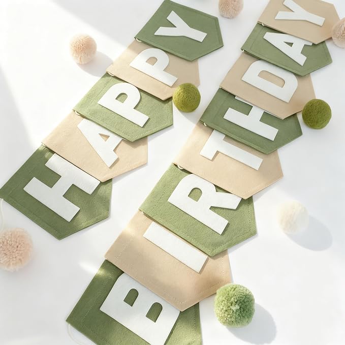 Felt Green Khaki Happy Birthday Banner Birthday Decorations for Women Girls Boys Men Pets Handmade Party Backdrop