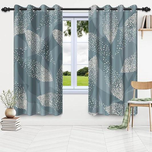 Vintage Grey Blue Leaves Window Curtains Mid Century Boho Leaves Curtain Drapes Kitchen Curtains Modern Art Geometric Leaf Window Treatments Living Room Bedroom Home Decor,53x96 inch,2 Panels