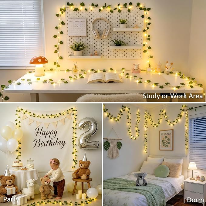 JMEXSUSS 33 FT 100 LED Vines with Lights USB/Battery Operated, Pothos Vines with Fairy Lights with Remote, Fake Leaf Lights for Bedroom Classroom Wall Dorm Wedding Decor (Warm White)