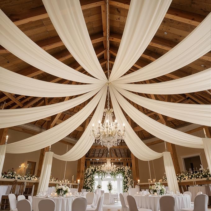 50ftx40ft Beige Ceiling Curtain for Wedding Parties – 10 Panels Wrinkle-Free 40 FT Long Tent Draping Curtains for Wedding, Birthday & Theme Parties, 40ft Height with Rod Pocket
