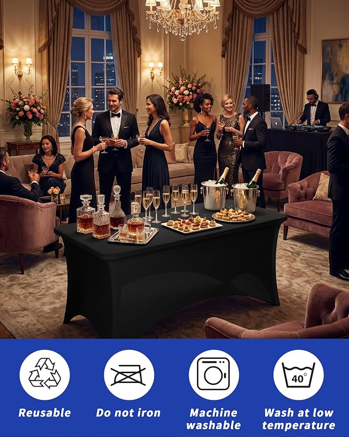 Fixwal 6 Pack Black Tablecloth Rectangle 8Ft, Stretch Spandex Fitted Table Cover for Party, Trade Show, Wedding, Buffet, Graduation, Vendor Stand