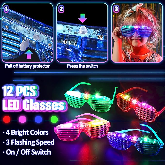 150PCS Glow in the Dark Party Supplies for Kids Adults, Light Up Party Favors with Light Up Glasses, Headband, Rings, 100 Glow Sticks Bulk Party Pack DIY Glow Necklaces Bracelets, Neon Party Supplies