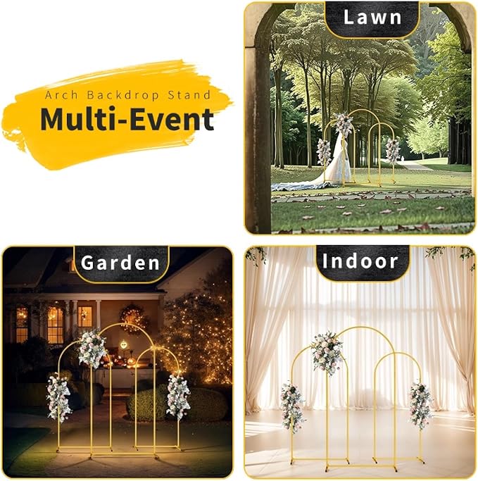 7.2FT 6.6FT 6FT Arch-Backdrop-Stand Set of 3, Wedding Arch Stand for Birthday Party Baby Shower, Flower Balloon Metal Arch Stand Frame for Graduation Anniversary Ceremony Decor, Gold