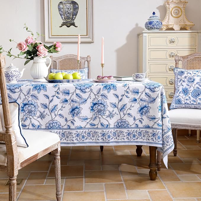 ISAENNE Designer French Linen Rectangular Tablecloth,71"x55"-BlueWilow | Chinoiserie Vintage Elegant Table Cloth Rectangle Table,Blue Floral Pattern,Beautiful,Dining Room,Kitchen,Thanksgiving