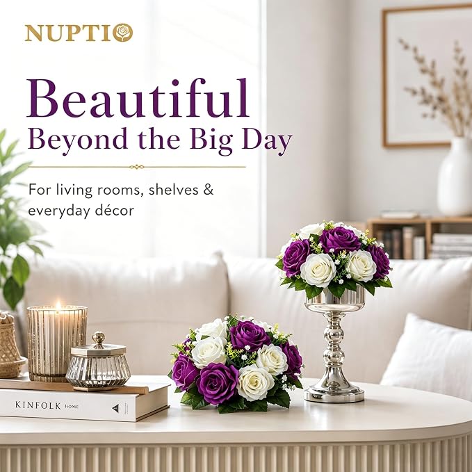 NUPTIO Flower Balls Centerpieces for Tables: Purple & White Fake Roses | 2 Pcs 9.5 inch, Artificial Flower Arrangements for Wedding, Birthday Party, Bridal Shower, Quinceanera Decorations
